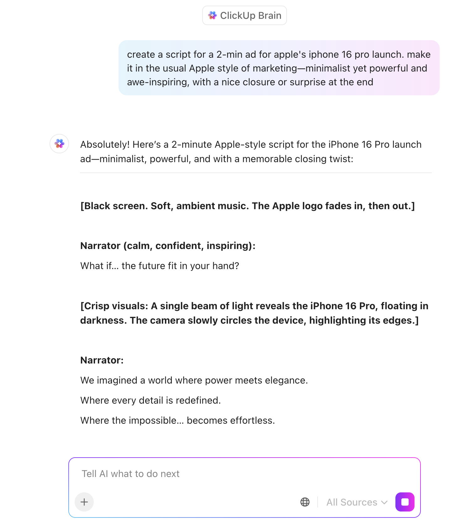 Use ClickUp Brain to write scripts
